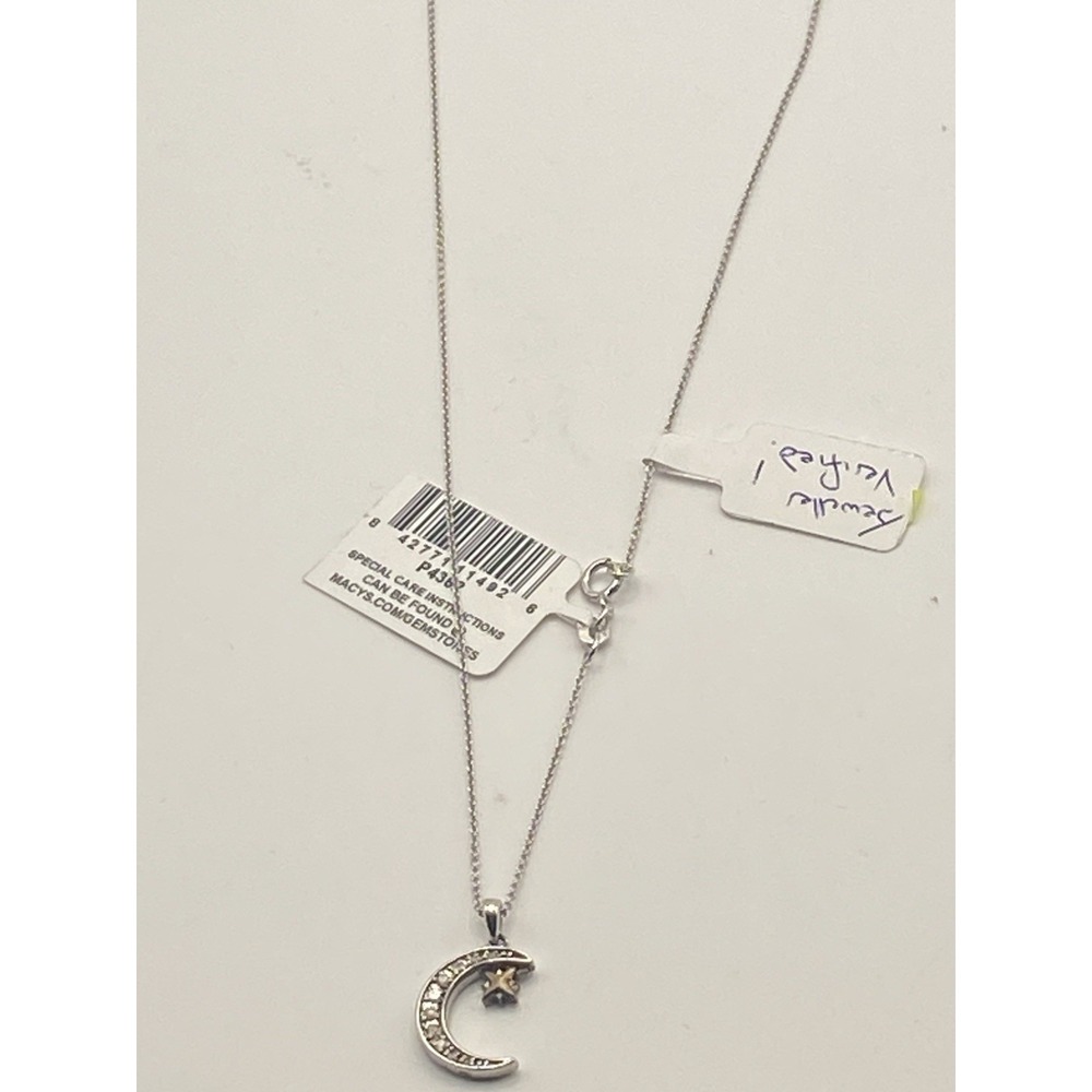 Macy's Diamond Crescent Moon and Star Pendant Necklace Sterling 14k GF Pave Día